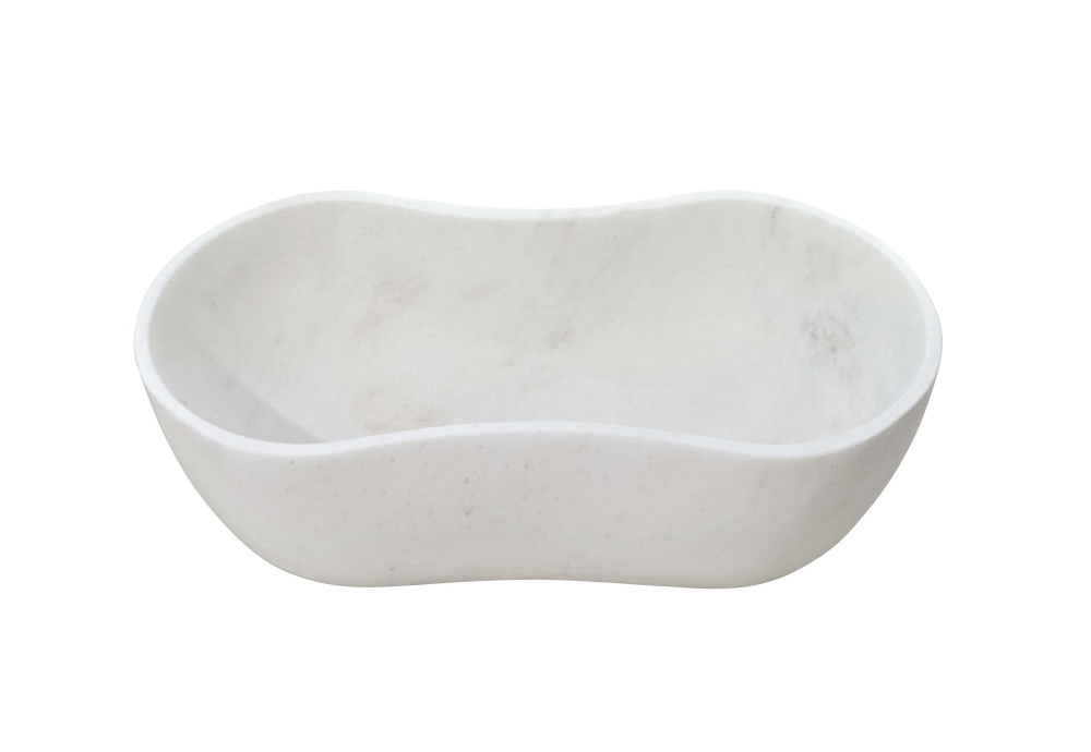 Front profile view of a solid piece Snow Mountain White natural marble vessel sink with a honed finish, highlighting the seamless organic wavy contour and exterior stone texture.