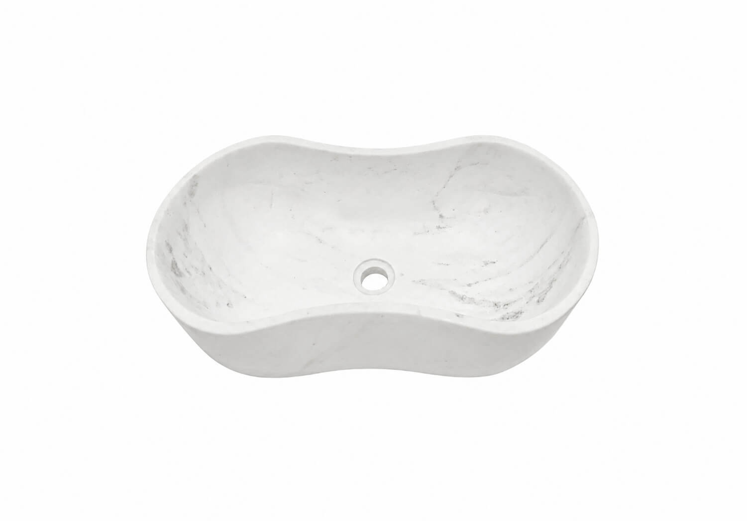 Top-down isometric view of a 100% natural Snow Mountain White marble vessel sink featuring a honed finish, undulating wavy rim design, and a pre-drilled center drain hole.