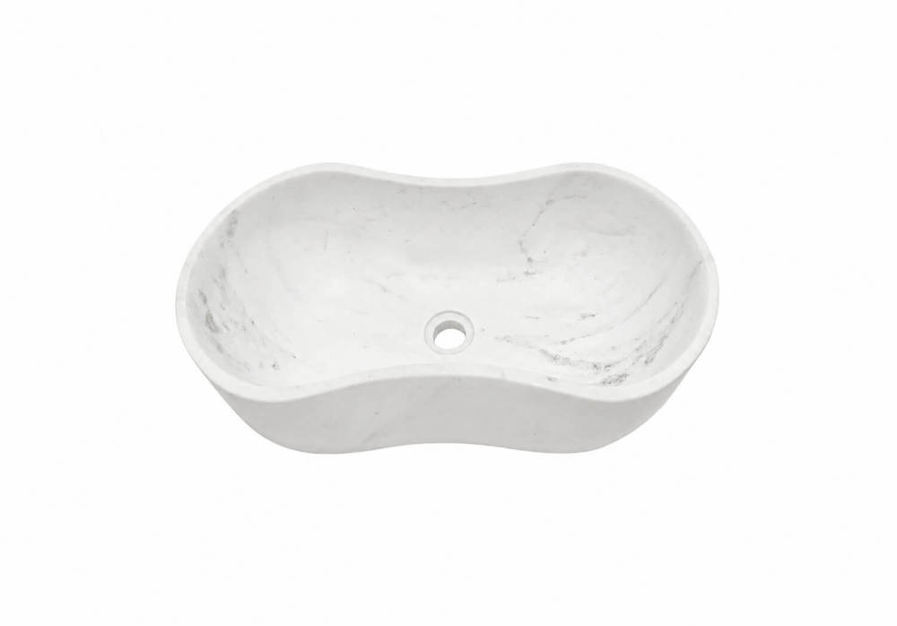 Top-down isometric view of a 100% natural Snow Mountain White marble vessel sink featuring a honed finish, undulating wavy rim design, and a pre-drilled center drain hole.