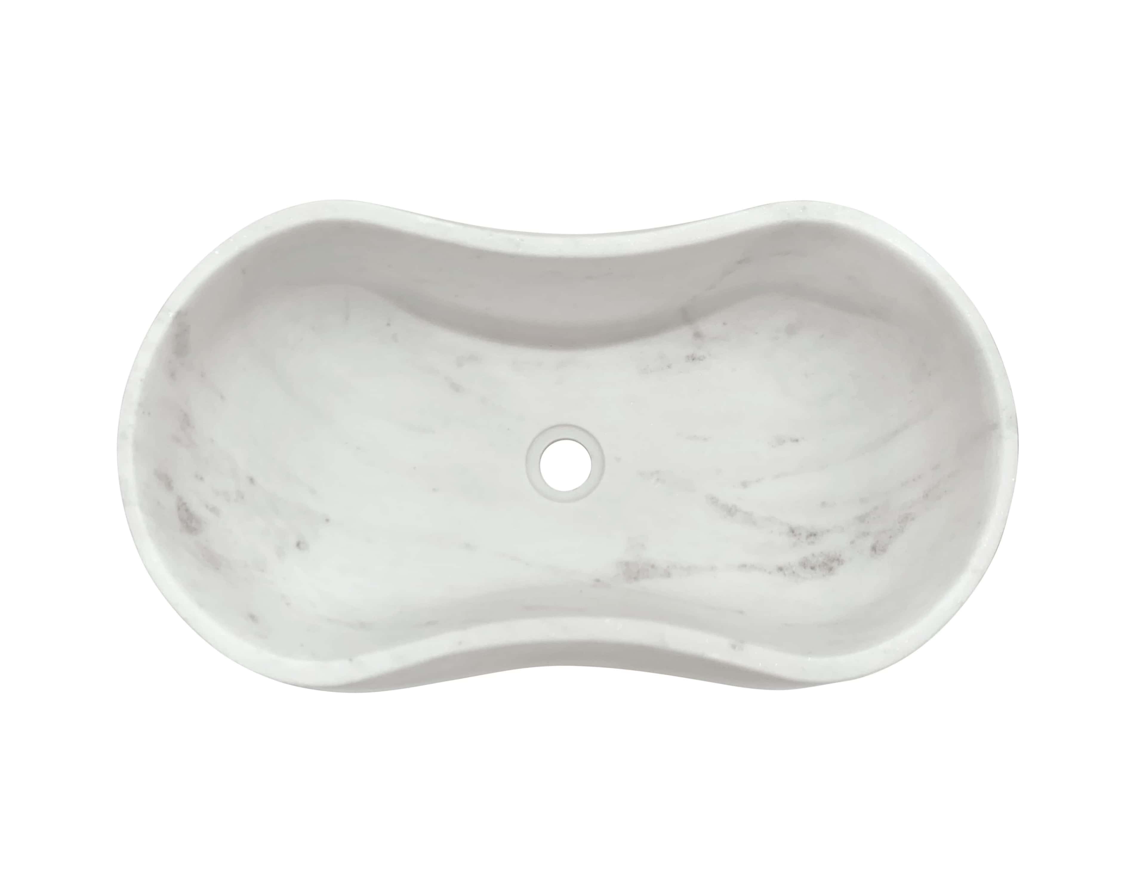 Direct overhead top-down view of the wavy natural marble bathroom vessel sink, displaying the symmetrical organic outline and rich natural gray veining patterns across the interior bowl.