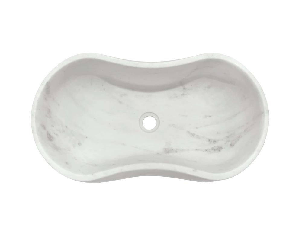 Direct overhead top-down view of the wavy natural marble bathroom vessel sink, displaying the symmetrical organic outline and rich natural gray veining patterns across the interior bowl.