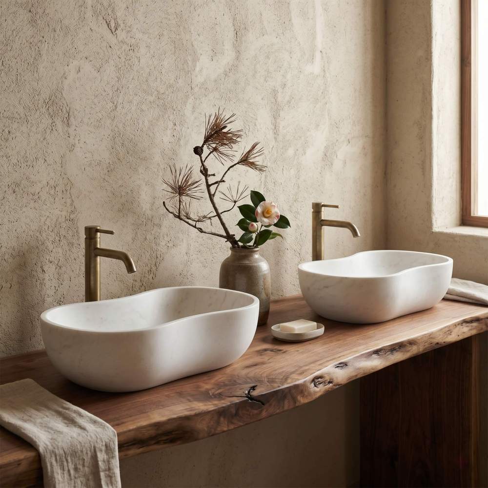 Organic Wabi-Sabi bathroom design with two honed white wavy marble vessel sinks sitting on a thick live-edge walnut wood counter against a rough sand-textured plastered microcement wall.