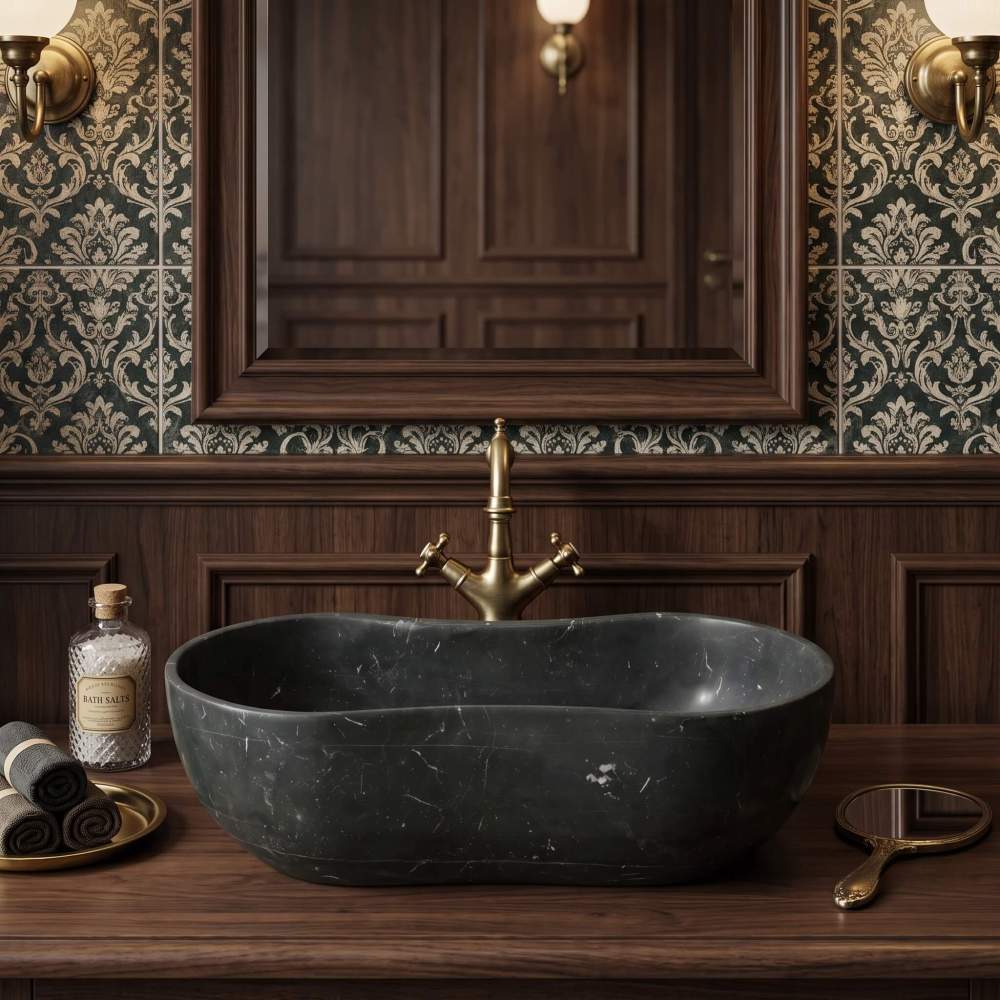 An above-counter Olive Black marble wave stone basin paired with an antiqued brass faucet against rich wood paneling and classical damask wallpaper.