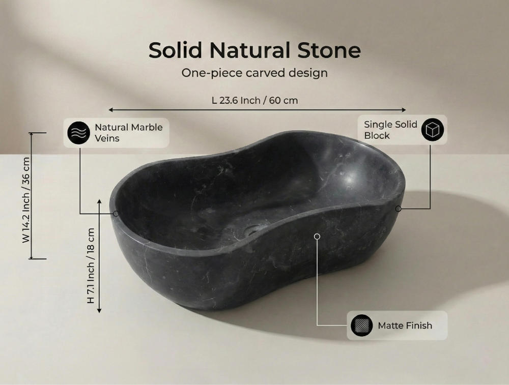 A factual product feature infographic for the 23.6-inch Olive Black natural marble wave vessel sink, highlighting its solid single-block carving and matte finish.