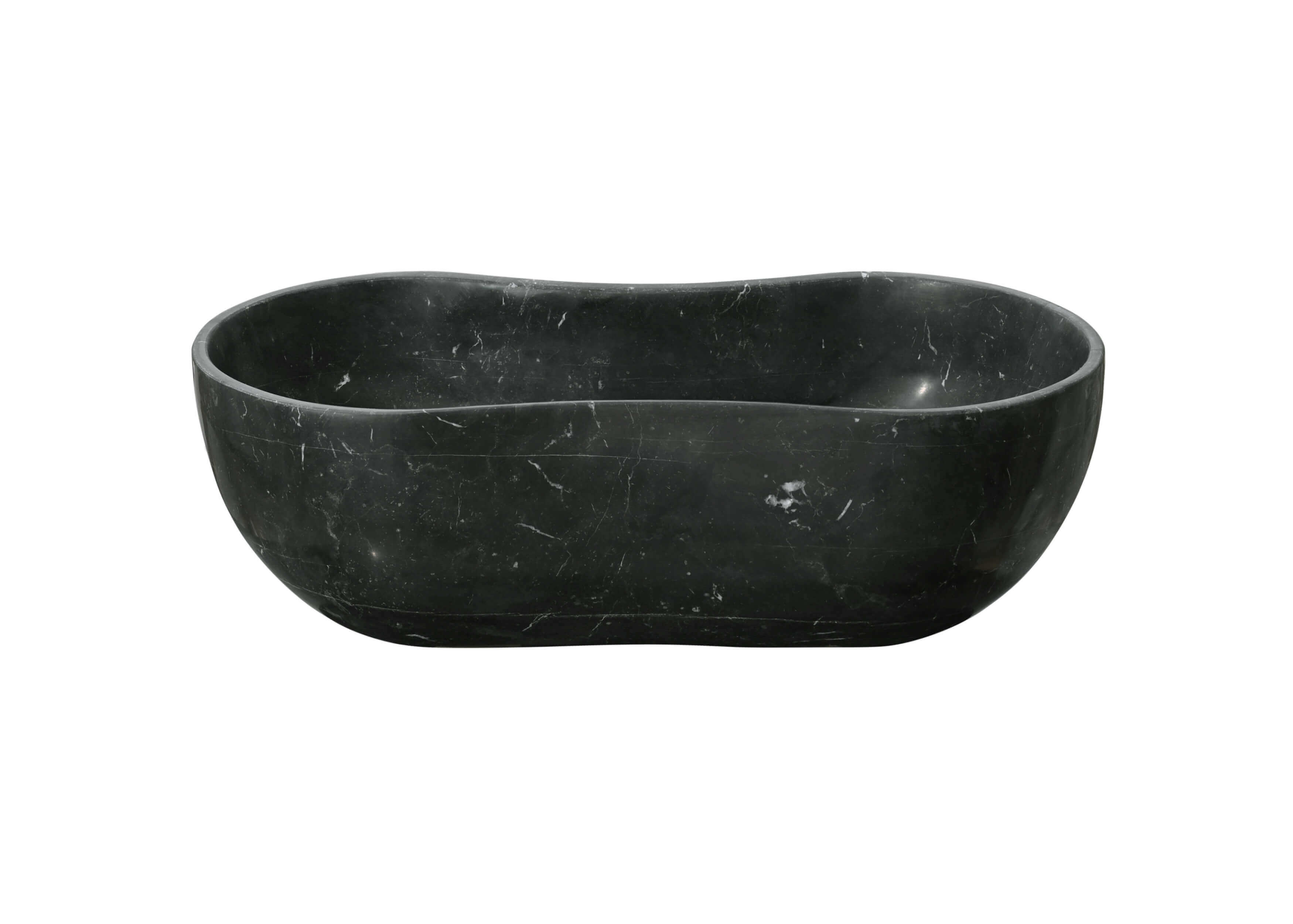 Straight front profile of the 23.6-inch Olive Black marble wave vessel sink, showcasing the elegant low-slung center and elevated sides.