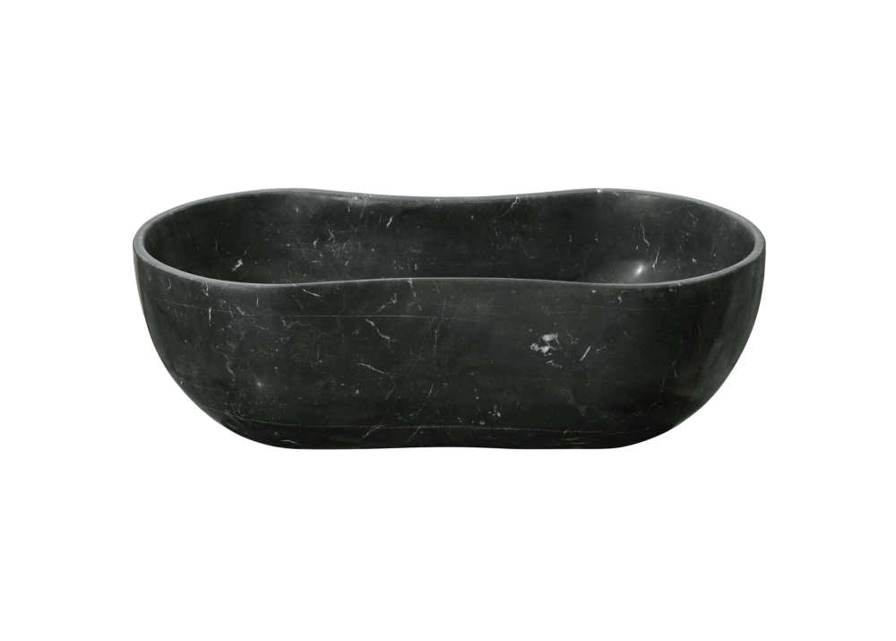 Straight front profile of the 23.6-inch Olive Black marble wave vessel sink, showcasing the elegant low-slung center and elevated sides.