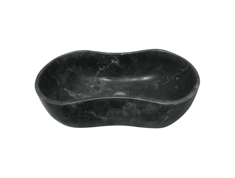 Front view of the wave-shaped Olive Black marble stone basin, highlighting the organic contours and individual character of the natural stone.