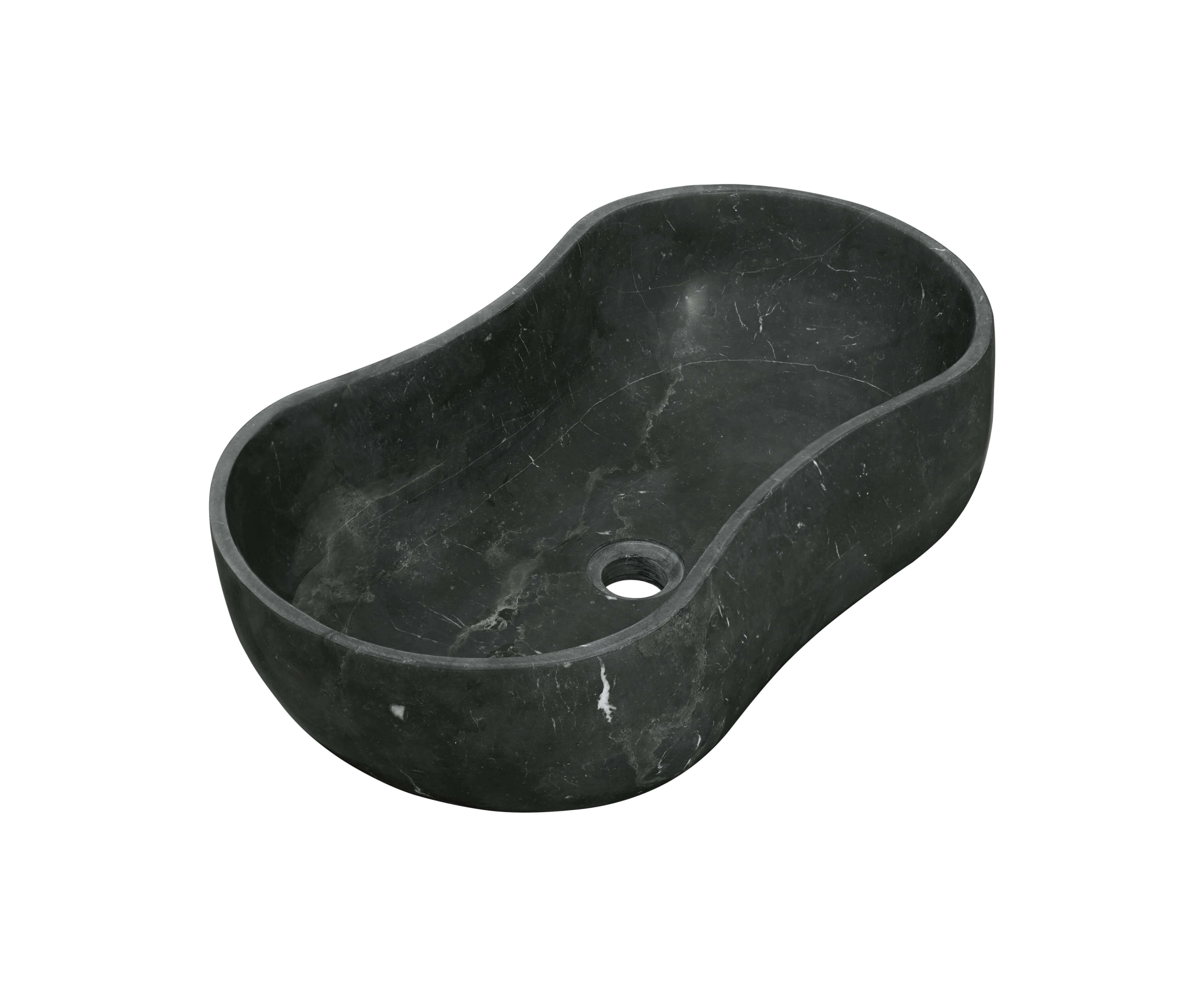 Left-perspective view of the honed Olive Black natural marble bathroom sink, emphasizing the seamless, organic curves of its wave silhouette.