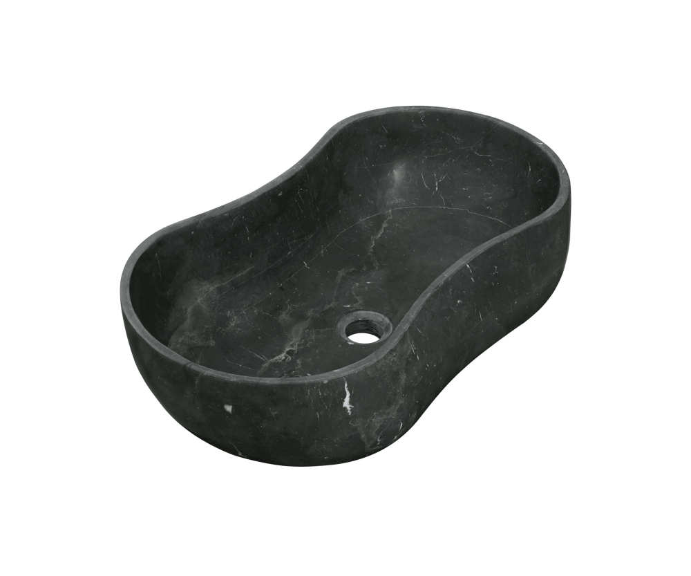 Left-perspective view of the honed Olive Black natural marble bathroom sink, emphasizing the seamless, organic curves of its wave silhouette.