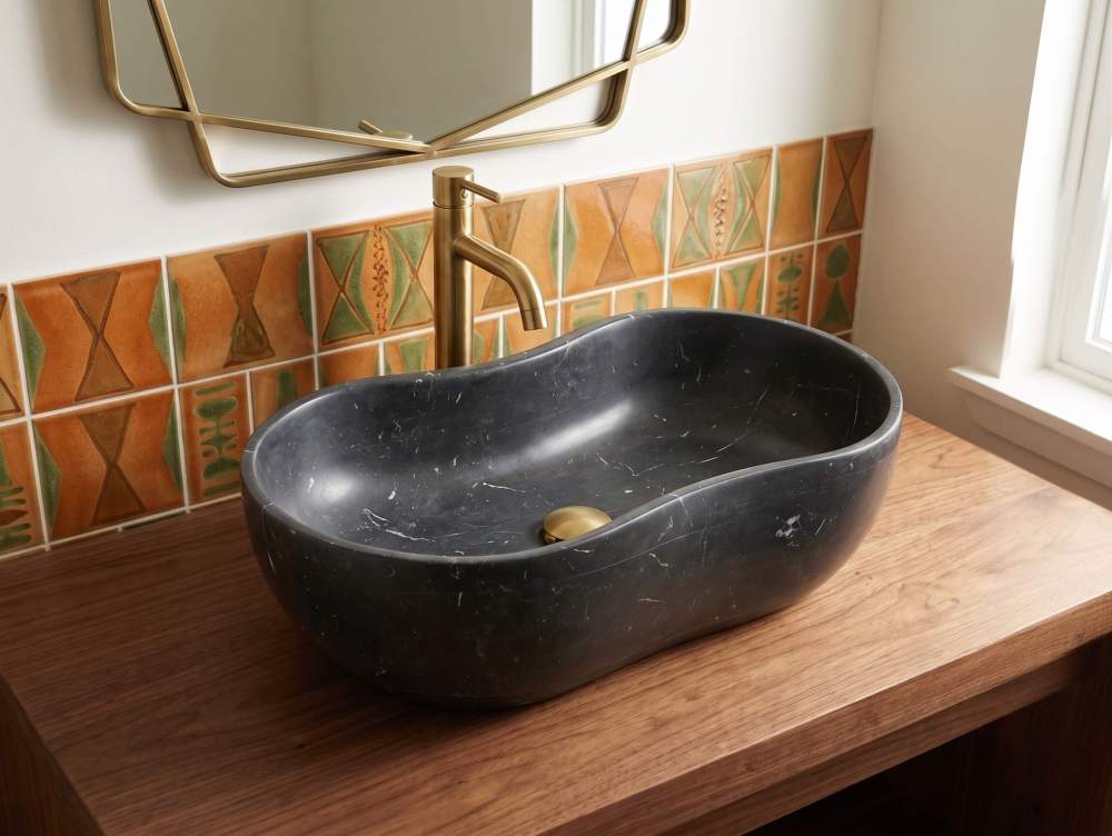 An above-counter Olive Black marble wave stone basin styled with a brushed brass faucet on a warm wood vanity against geometric wall tiles.