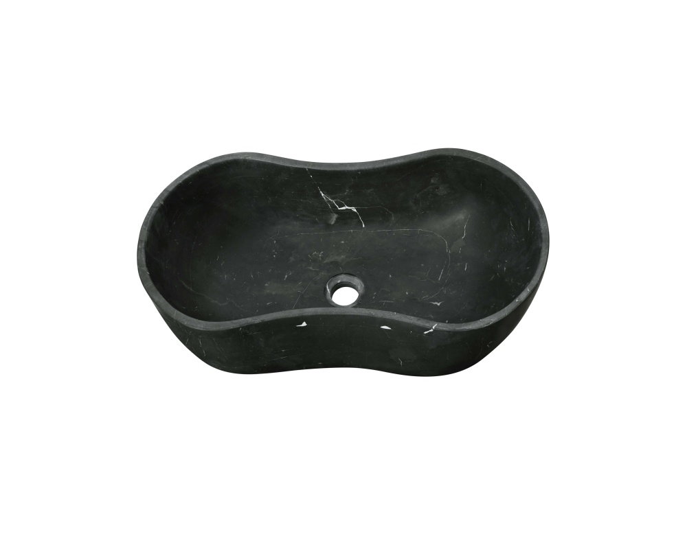 An above-counter Olive Black natural marble vessel sink in a matte honed finish, showcasing its unique wave shape and subtle white veining.