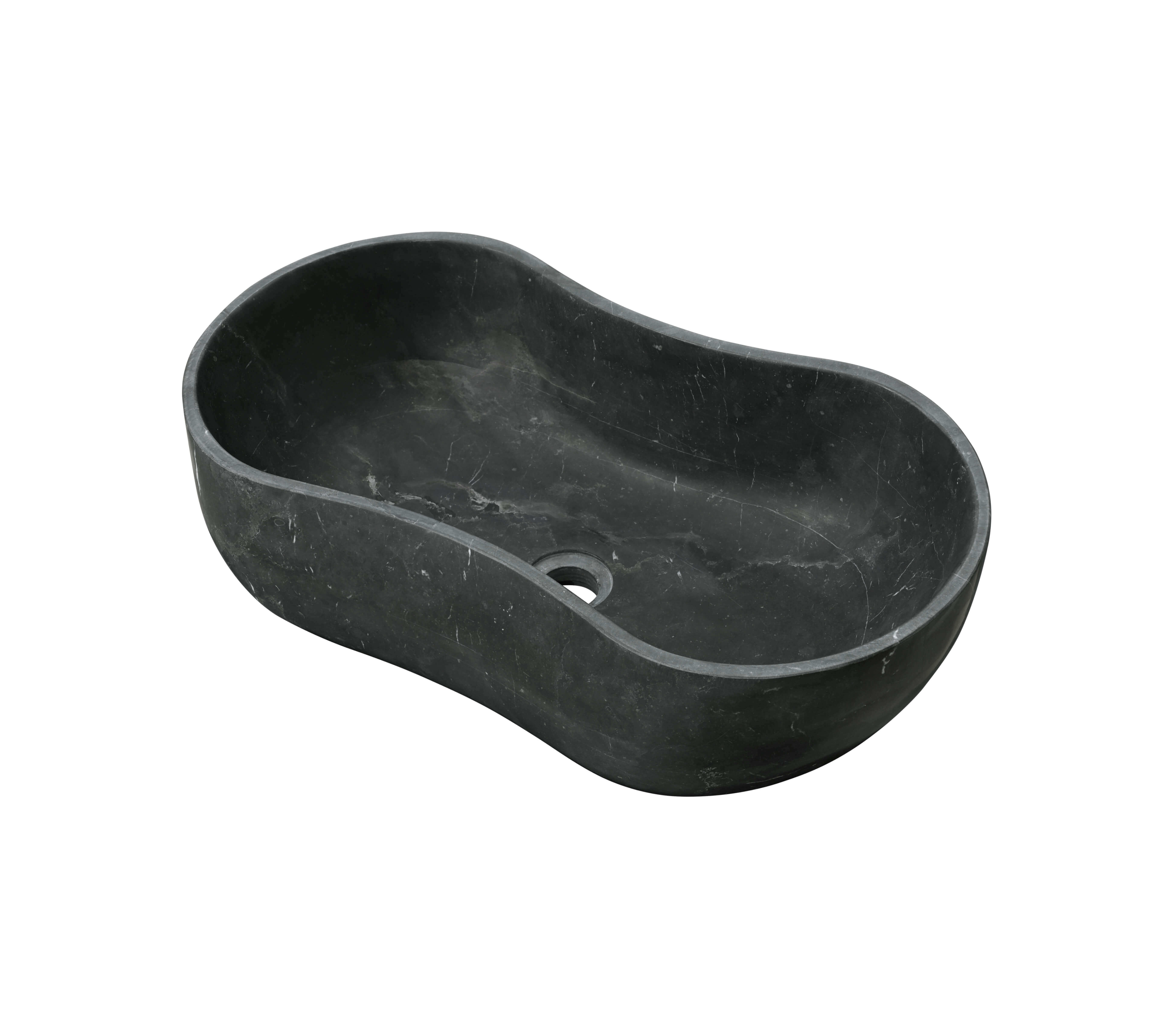 A right-angle perspective of the solid one-piece carved Olive Black marble vessel sink, displaying its smooth matte surface and fluid profile.