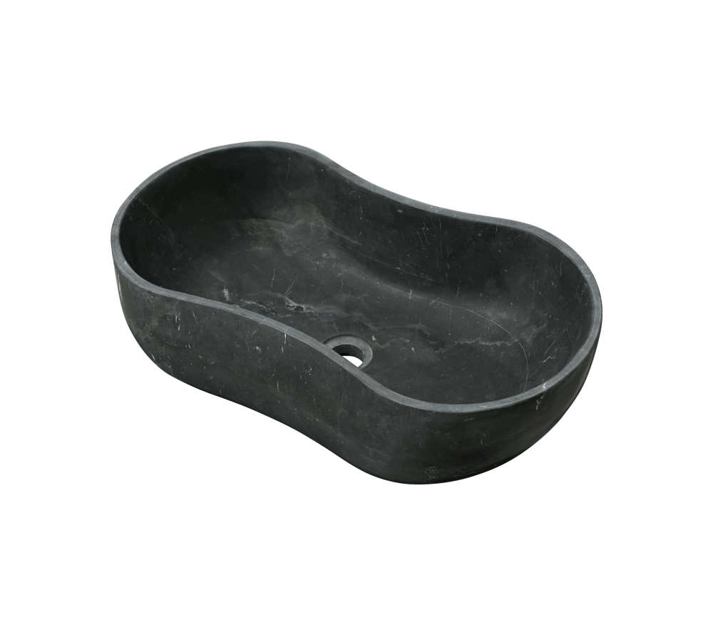 A right-angle perspective of the solid one-piece carved Olive Black marble vessel sink, displaying its smooth matte surface and fluid profile.