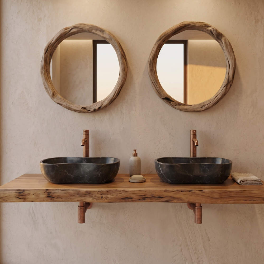 Front-facing view of a rustic floating wood vanity showcasing a double installation of the handcrafted Olive Black marble wave-shaped vessel sinks.