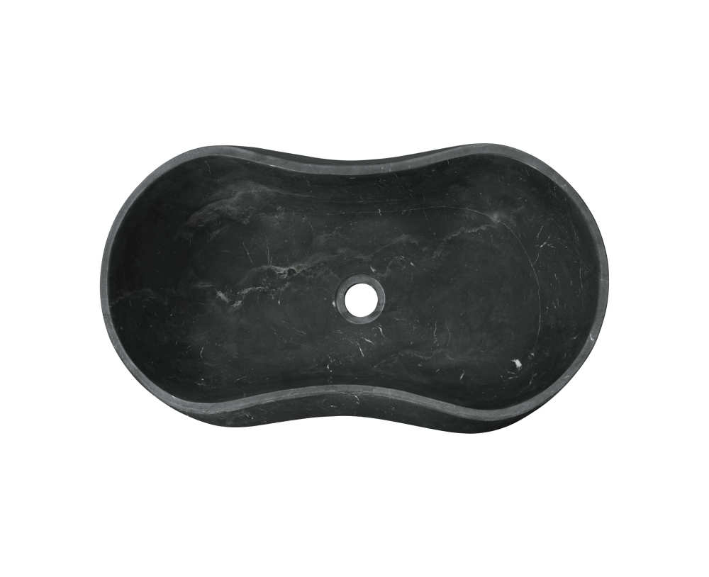 A top-down overhead view of the wave-shape Olive Black natural marble vanity bowl, revealing the symmetrical basin interior and centered drain hole.
