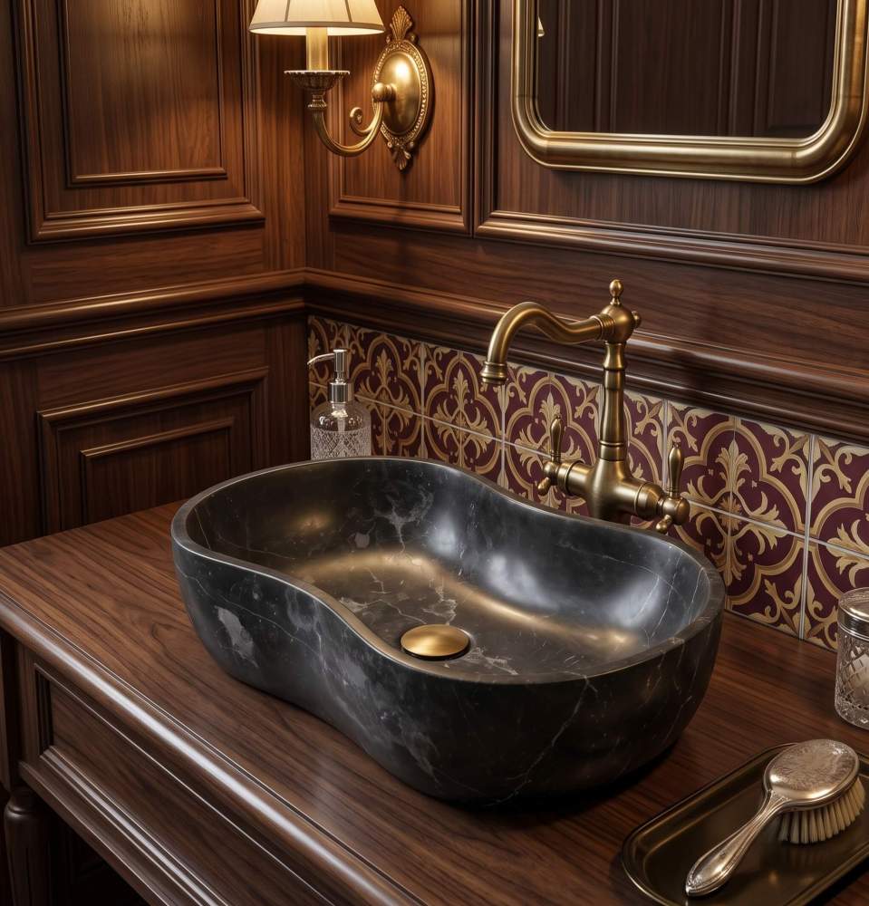 A traditional old-money style bathroom vanity in dark wood featuring a honed Olive Black marble wave sink and an ornate antiqued brass faucet.