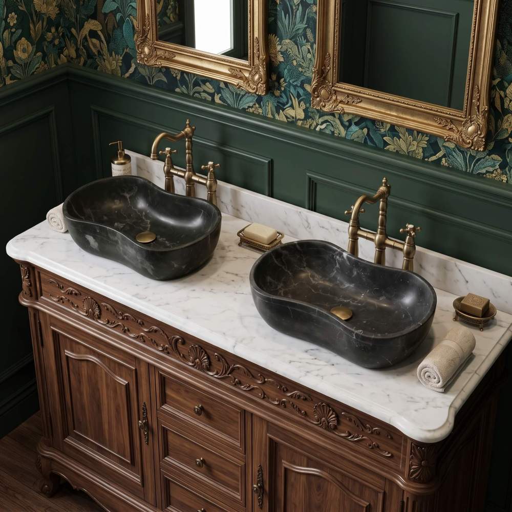 An elegant old-money aesthetic bathroom with a carved walnut double vanity and white marble top, completed by two dark Olive Black stone wave basins.
