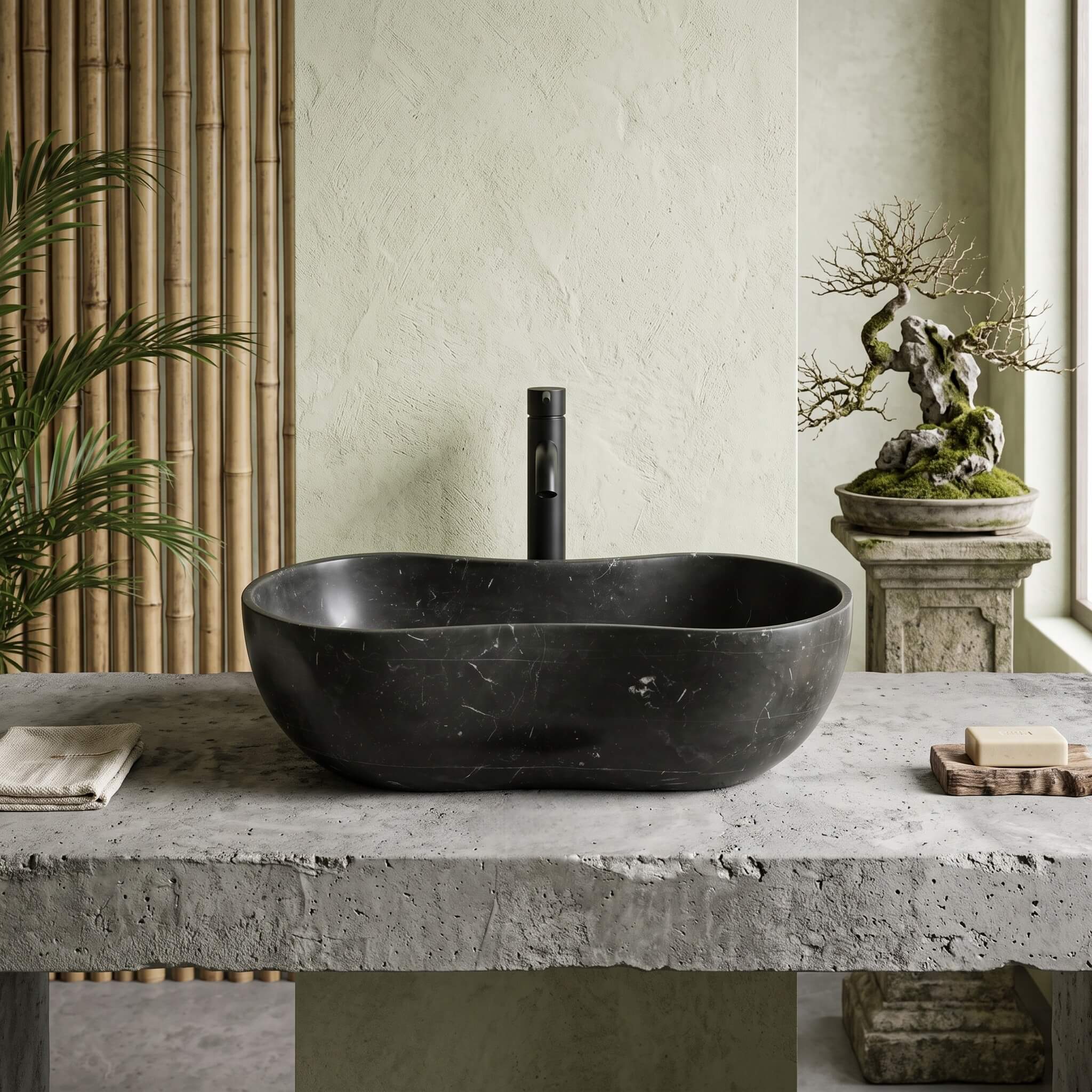 Front view of a honed Olive Black marble wave vessel sink on a raw concrete surface, surrounded by minimalist wabi-sabi elements and bamboo.