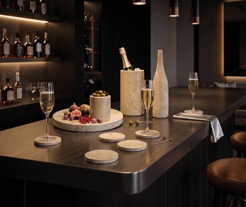 Hyatt Gold natural marble 10-piece honed dining set arranged beautifully on a high-end dark home bar.