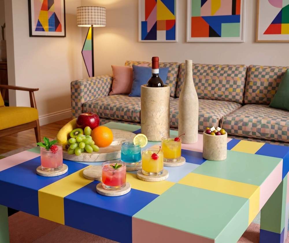 Hyatt Gold natural marble 10-piece set styled on a vibrant, colorful geometric modern coffee table.