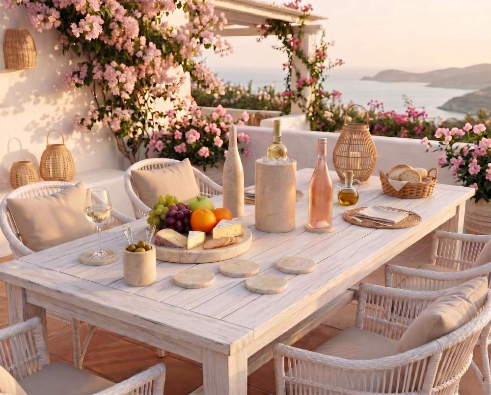 Hyatt Gold natural marble 10-piece set on a romantic Mediterranean patio with blooming pink bougainvillea.