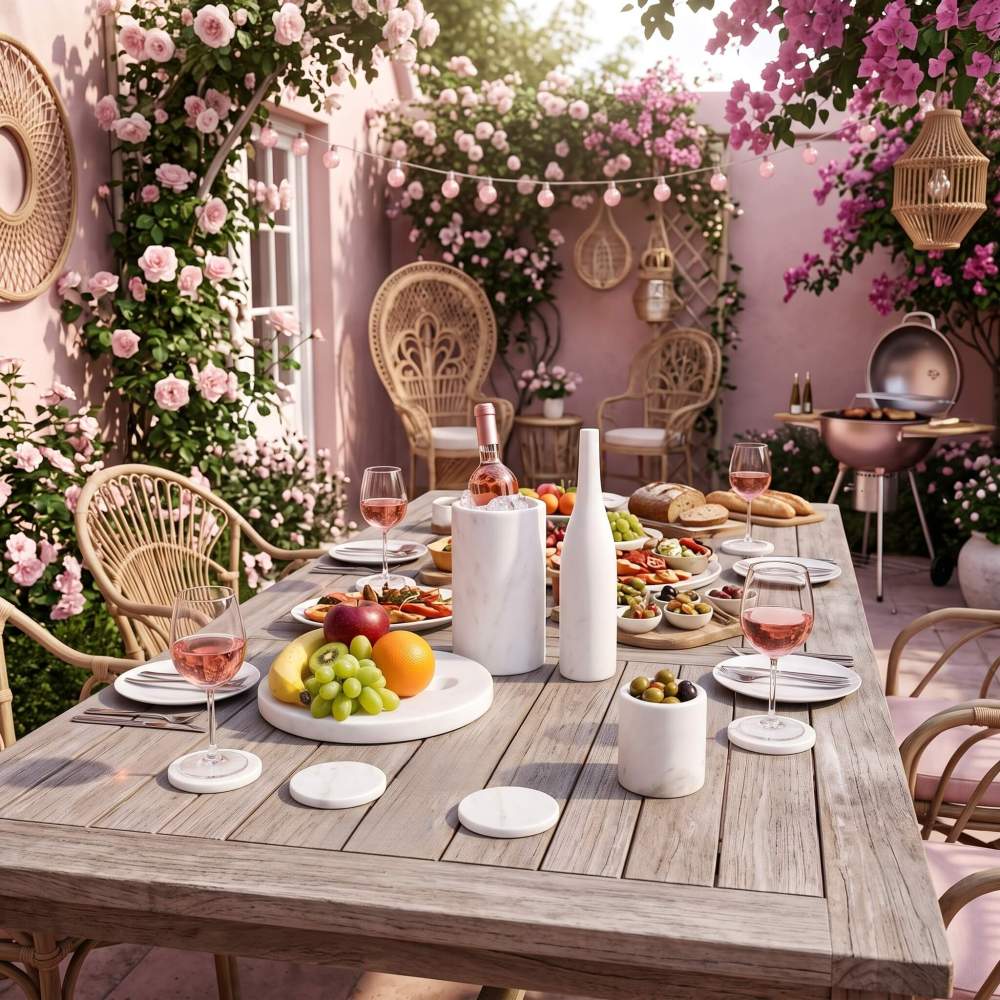 Snow Mountain White marble 10pc set on wooden table under covered patio with rose wall.