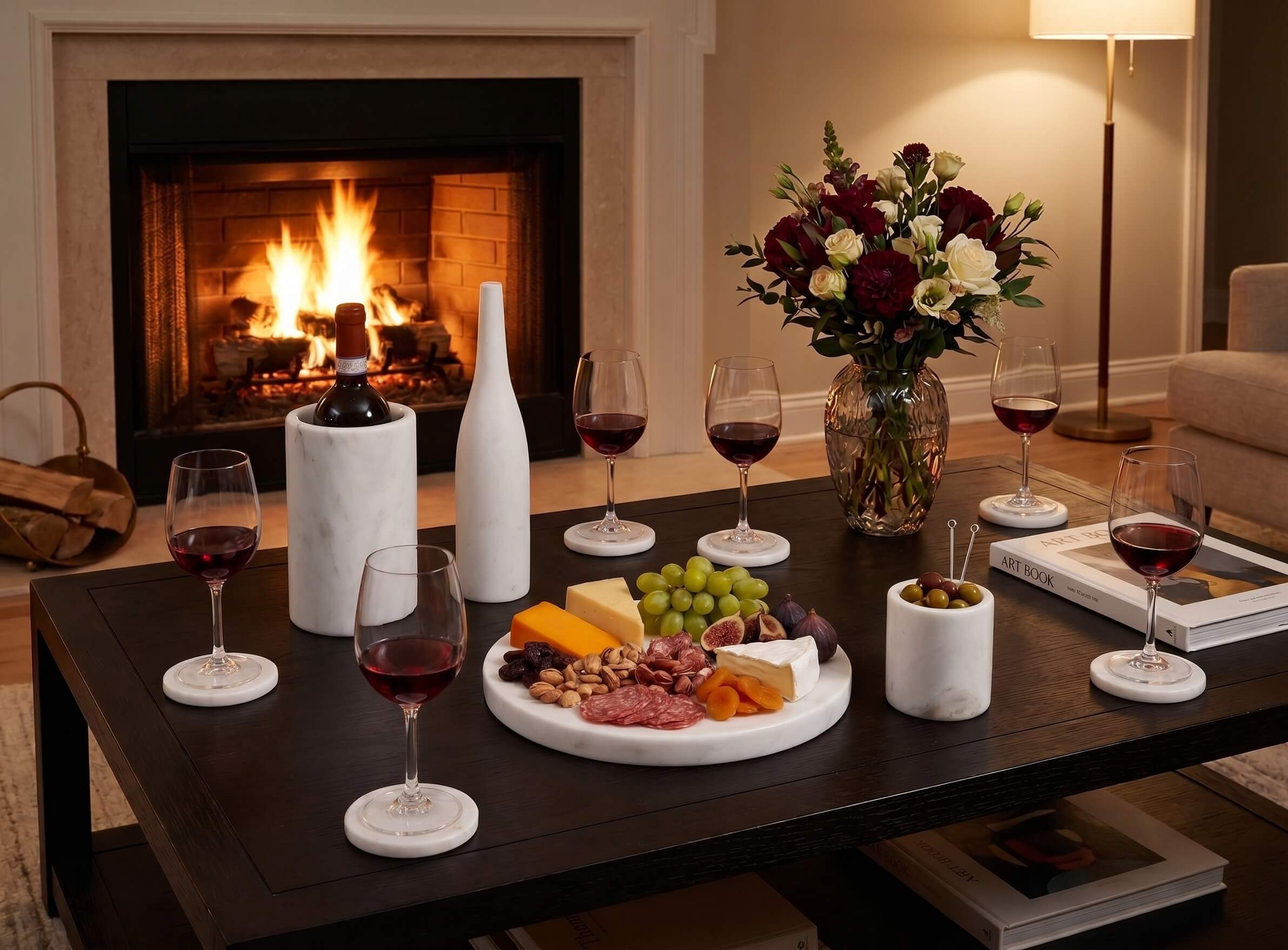 Snow Mountain White honed marble accessories set on dark coffee table by a burning fireplace.