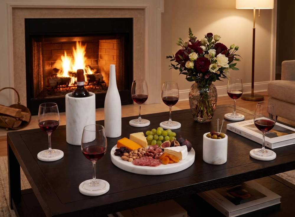 Snow Mountain White honed marble accessories set on dark coffee table by a burning fireplace.