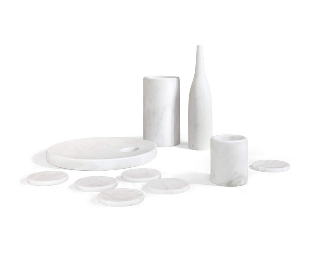Front view of complete 10-piece Snow Mountain White honed natural marble home accessories set.