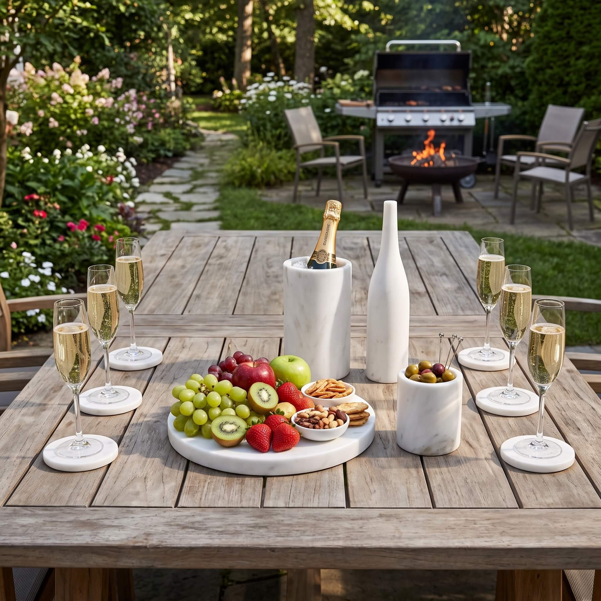 Snow Mountain White marble accessories set on rustic dining table in garden covered pavilion.
