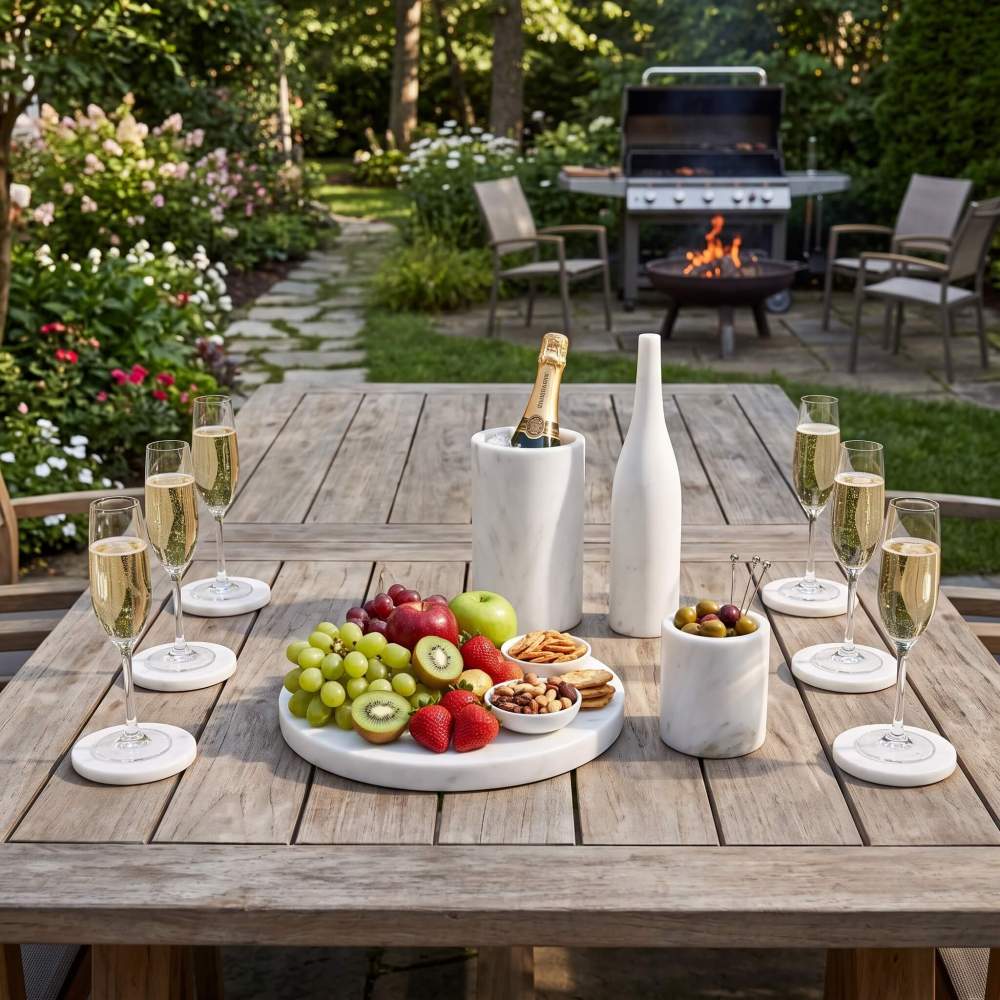 Snow Mountain White marble accessories set on rustic dining table in garden covered pavilion.