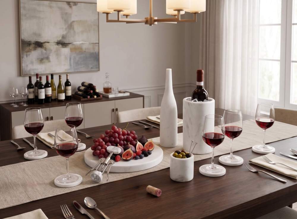 Snow Mountain White marble 10pc set on linen runner over dark wood table in modern dining room.