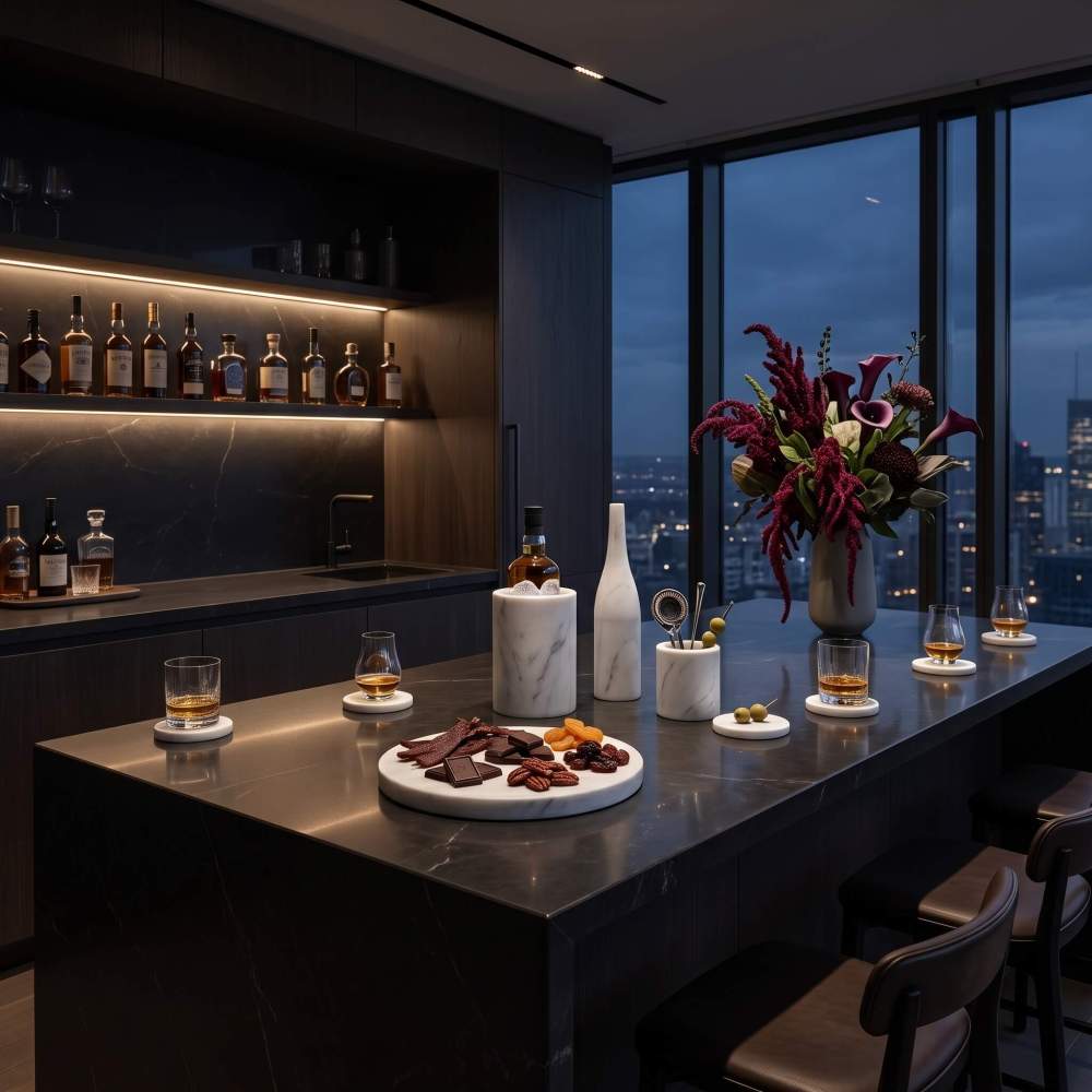 Snow Mountain White marble 10pc set on dark slate island in modern penthouse bar.