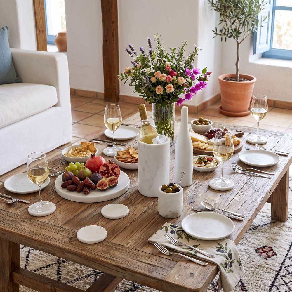 Snow Mountain White marble decor set on rustic wooden table in Mediterranean-style dining space.
