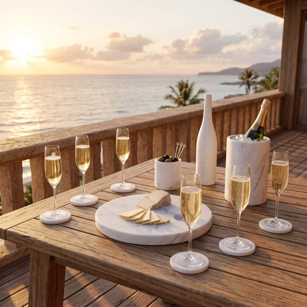 Snow Mountain White marble 10pc set styled on a balcony dining table overlooking the ocean.