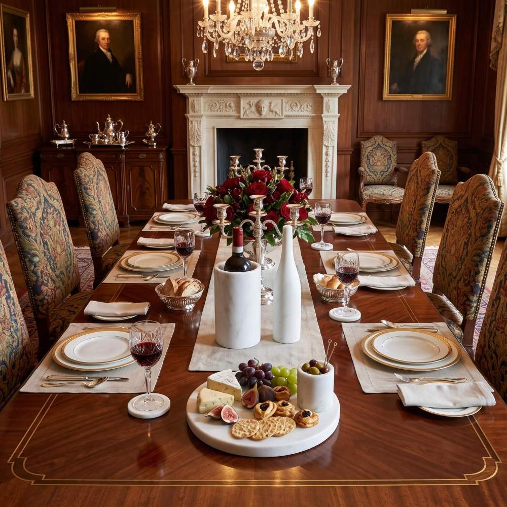 10-piece Snow Mountain White natural marble set on mahogany dining table in traditional dining room.