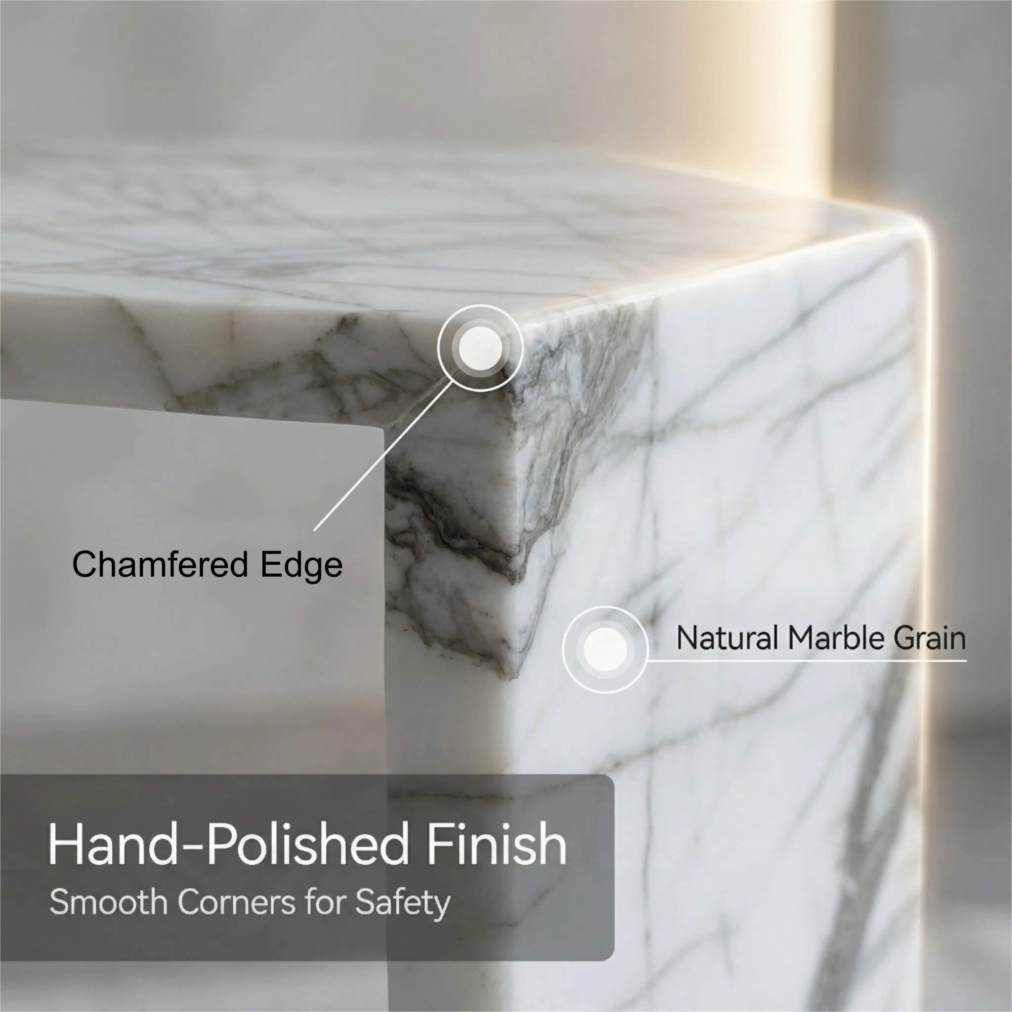 Close-up of Arboris White marble side table displaying hand-polished chamfered edges and smooth corners.