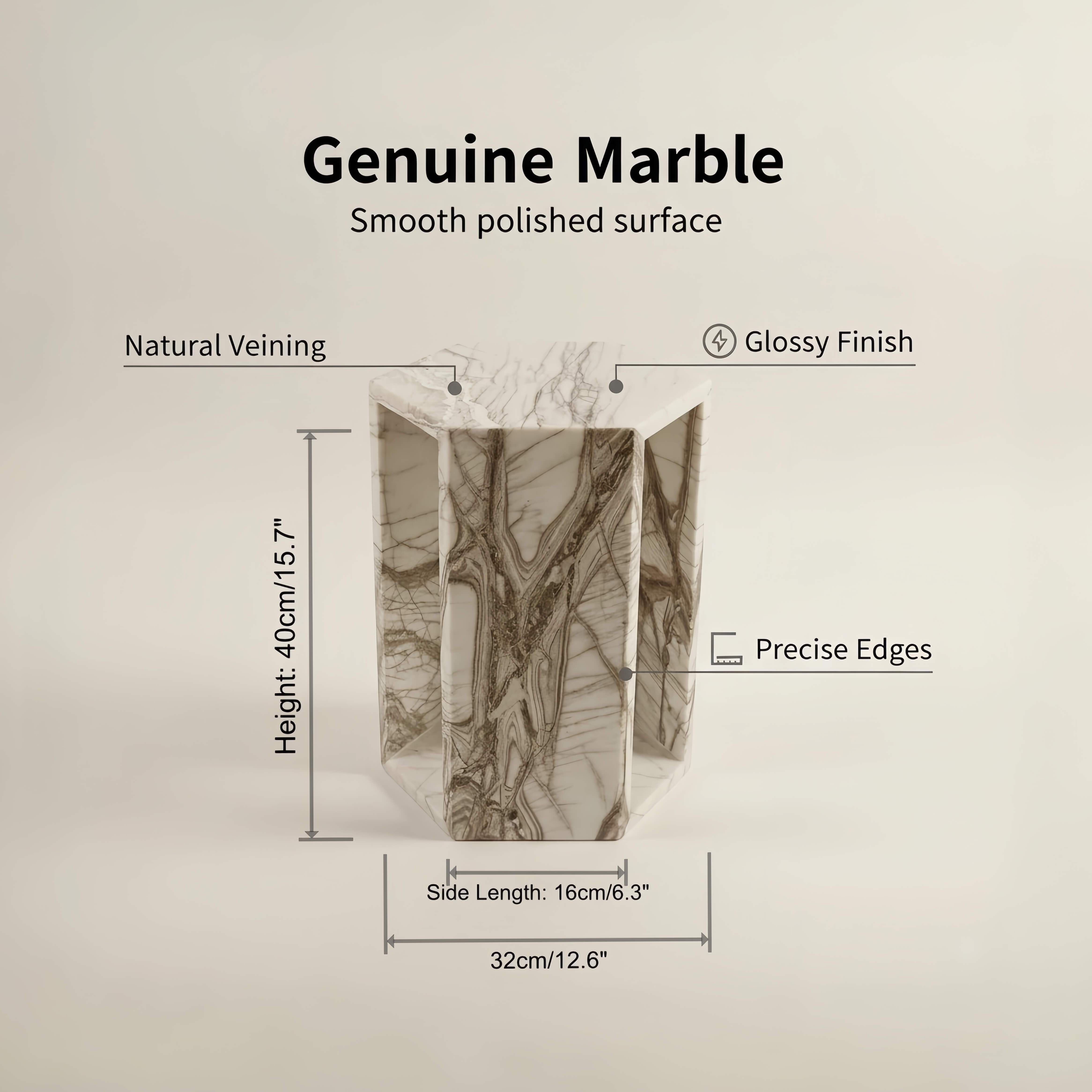 Dimensions diagram for Arboris White marble hexagon side table showing 15.7 inch height and 12.6 inch width.