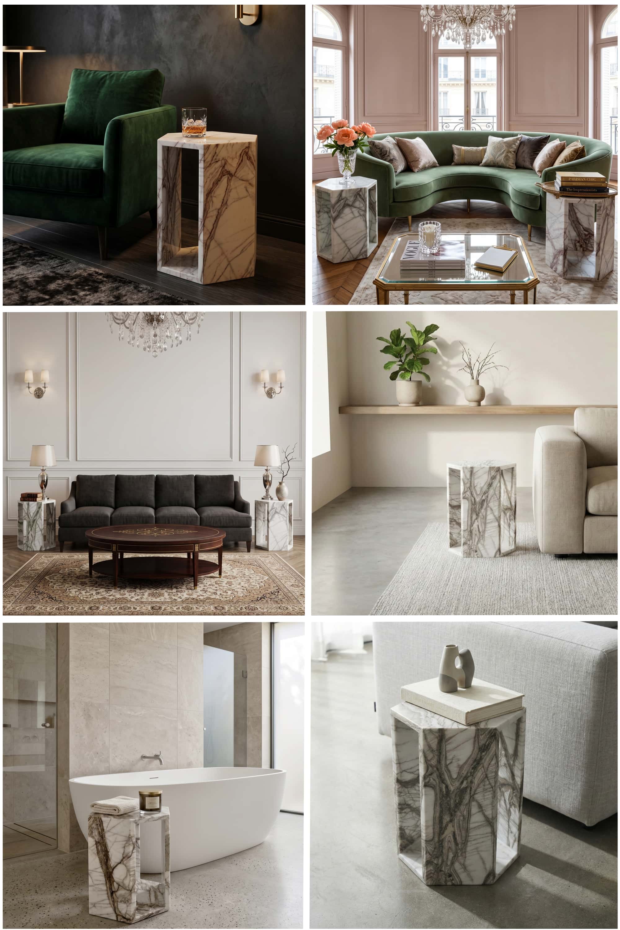 Six-panel lifestyle composite grid showing Arboris White marble hexagon side table across various rooms.
