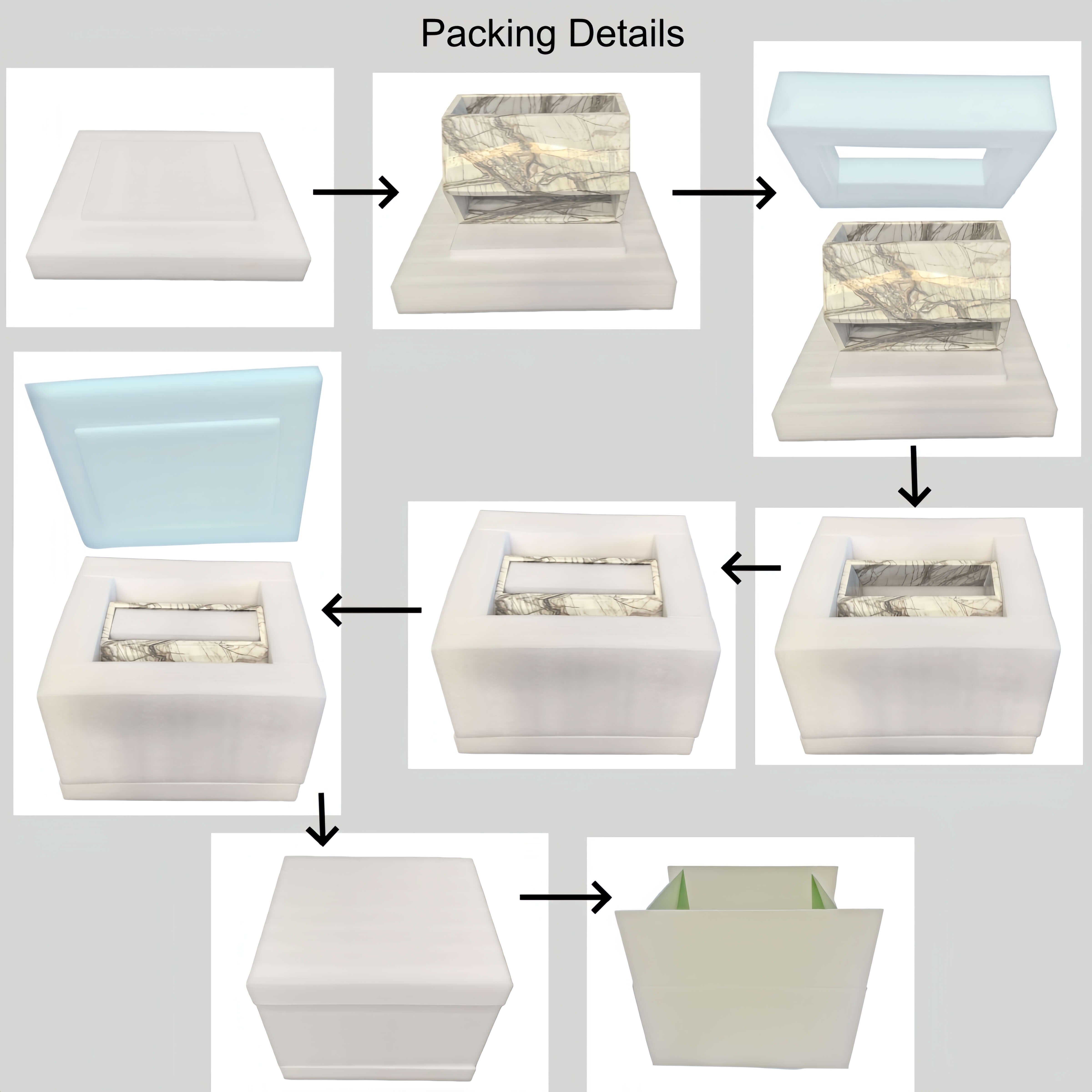 Custom high-density foam and heavy-duty box packaging for Arboris White marble side table transit protection.