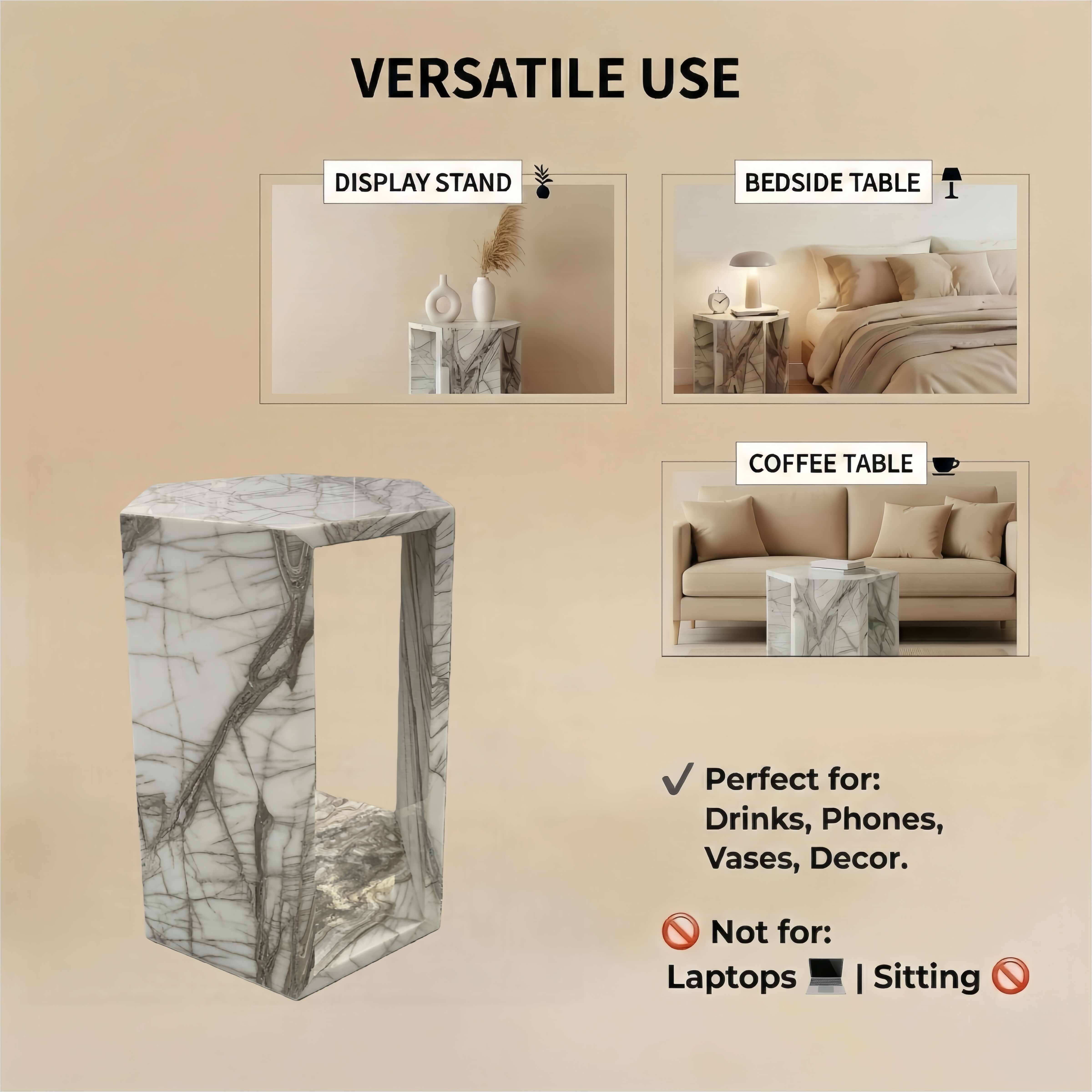 Versatile Arboris White marble hexagon side table showing indoor use cases and weight placement guidance.