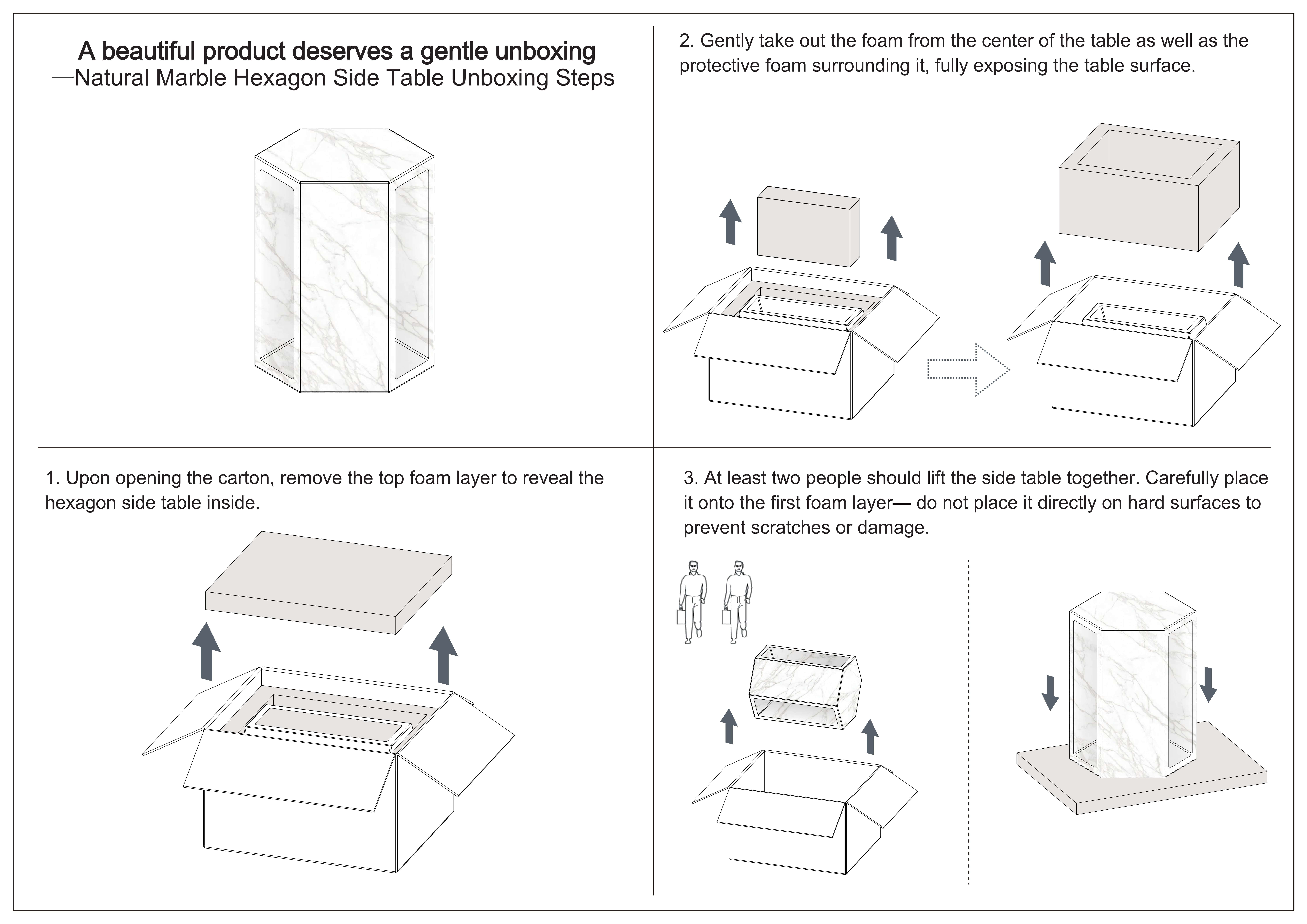 Unboxing diagram for natural marble hexagon side table showing safe foam removal and two-person lifting.