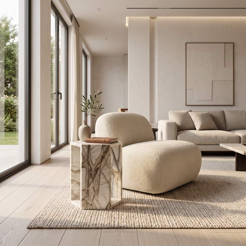 Arboris White marble hexagon side table paired with a cream bouclé armchair in a sunlit living room.