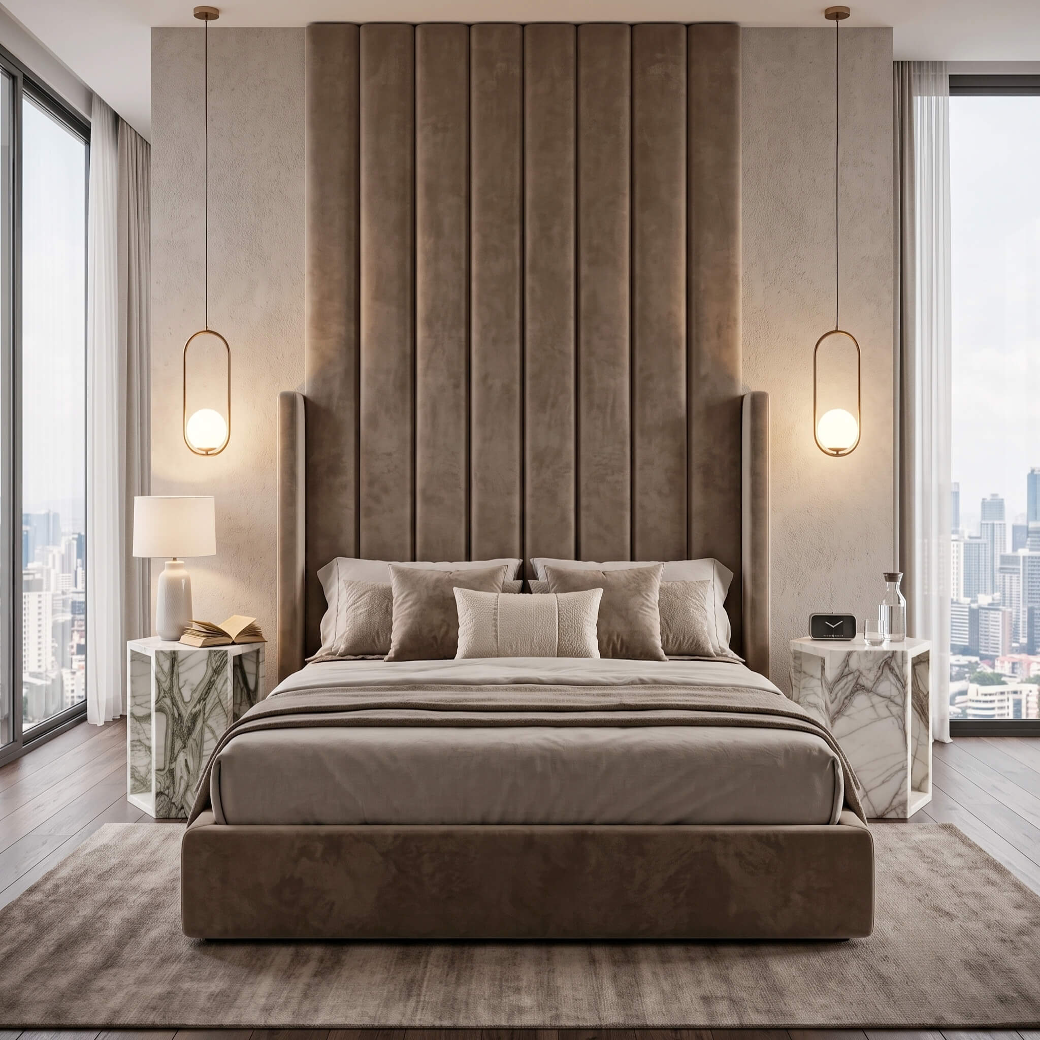 Dual Arboris White marble hexagon side tables as nightstands in a high-rise luxury bedroom.