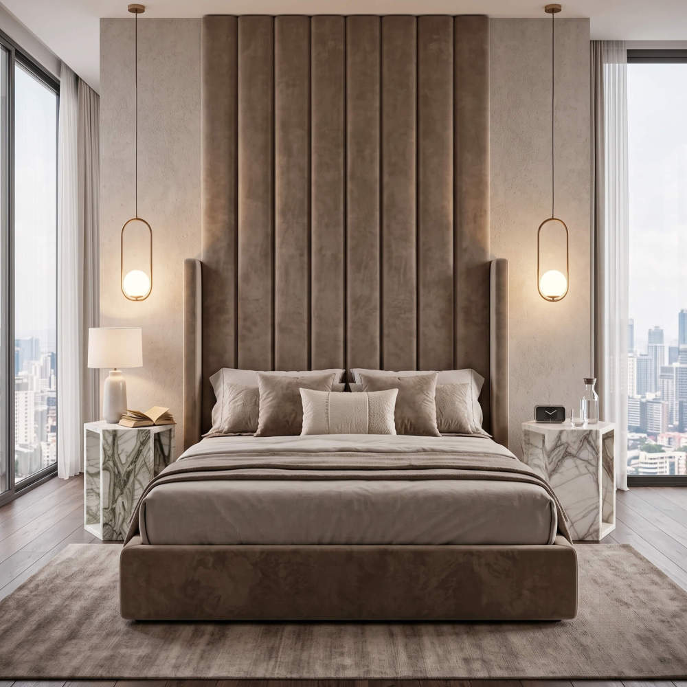 Dual Arboris White marble hexagon side tables as nightstands in a high-rise luxury bedroom.