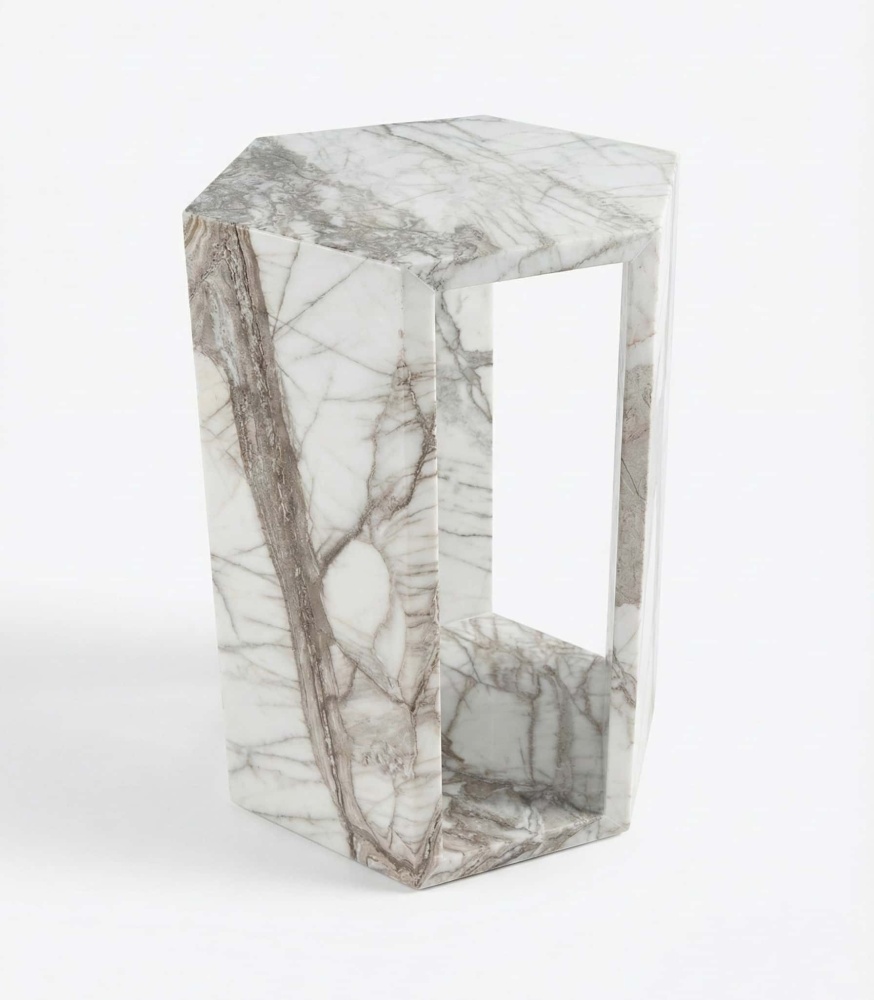 Modern Arboris White marble hexagon end table displaying glossy stone finish and rich vertical veining.