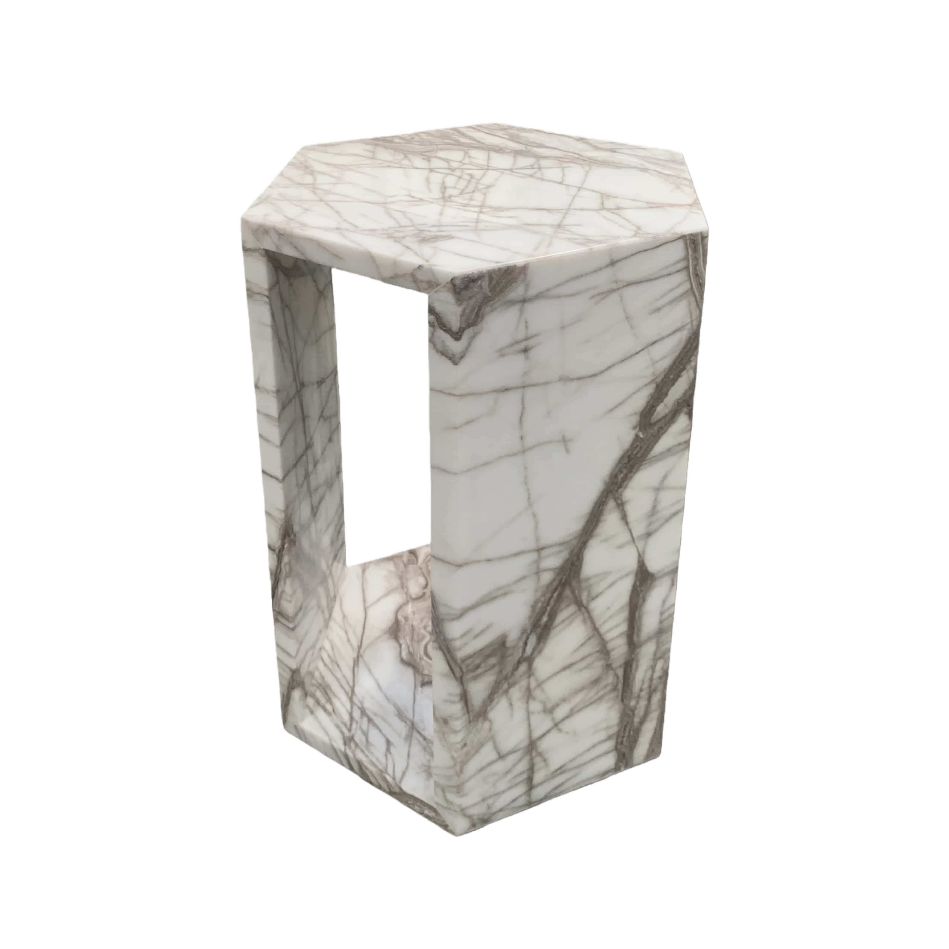 Arboris White polished marble pedestal end table featuring precise geometric edges and continuous veining.