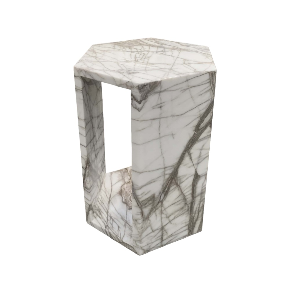 Arboris White polished marble pedestal end table featuring precise geometric edges and continuous veining.