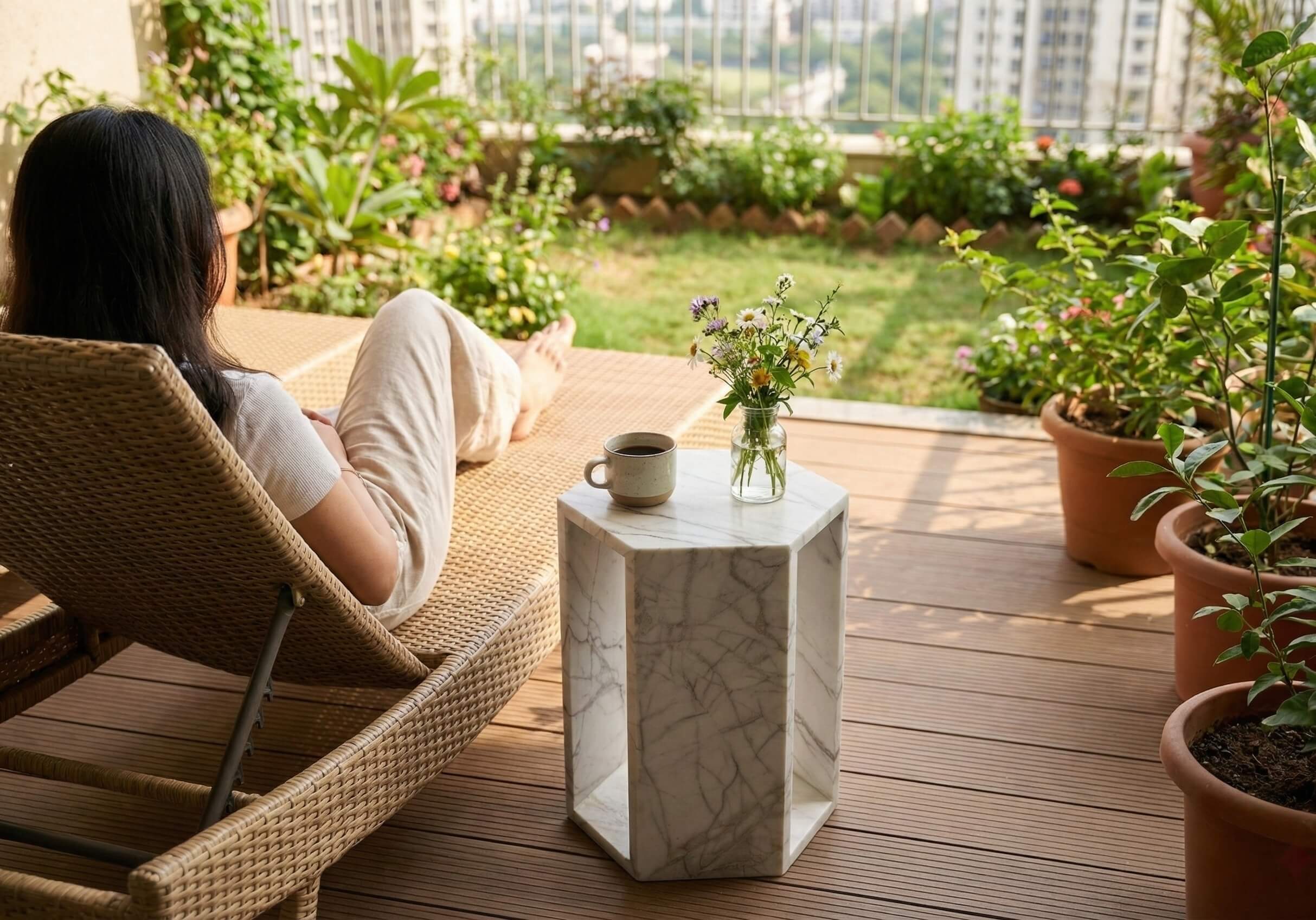 Arboris White marble hexagon side table with coffee cup on a covered balcony deck beside a sun lounger.