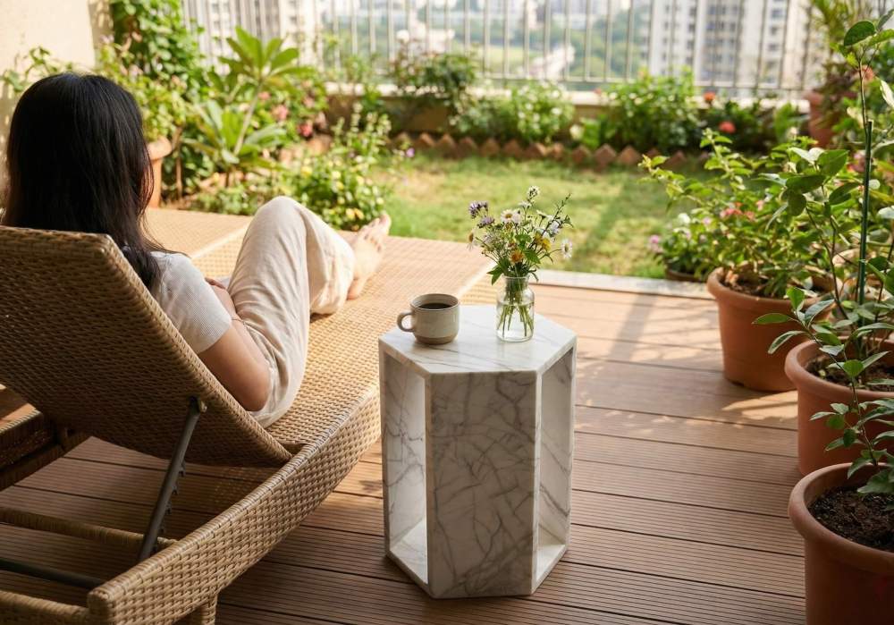 Arboris White marble hexagon side table with coffee cup on a covered balcony deck beside a sun lounger.